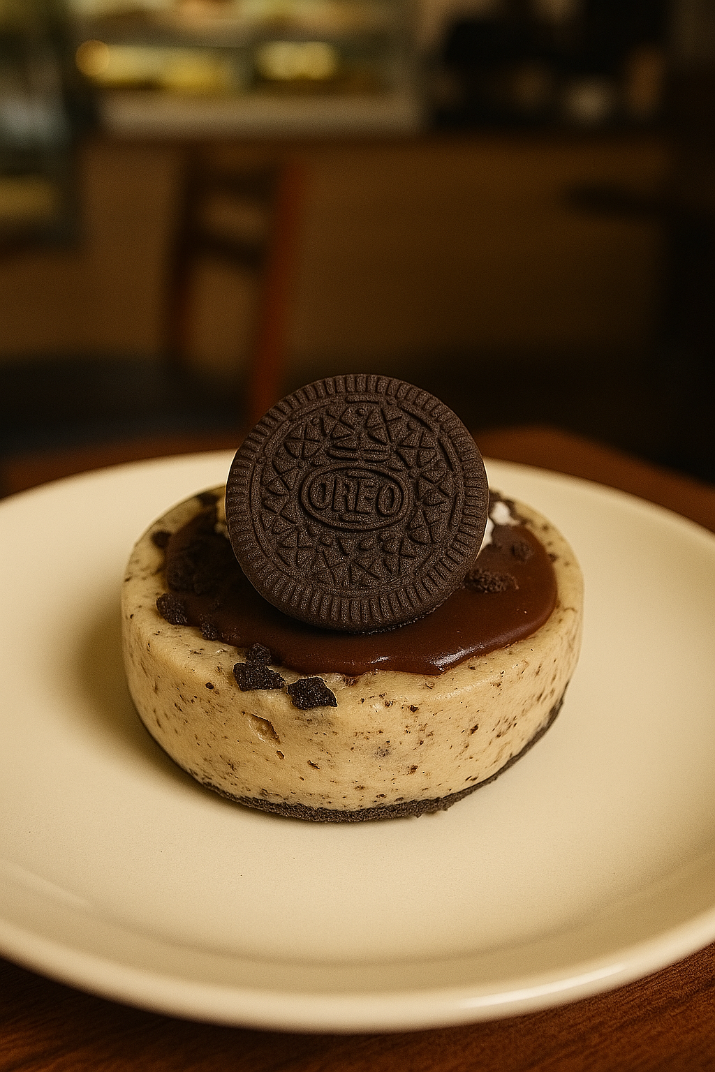 Cookies and cream dessert with an Oreo cookie on top, served on a white plate.