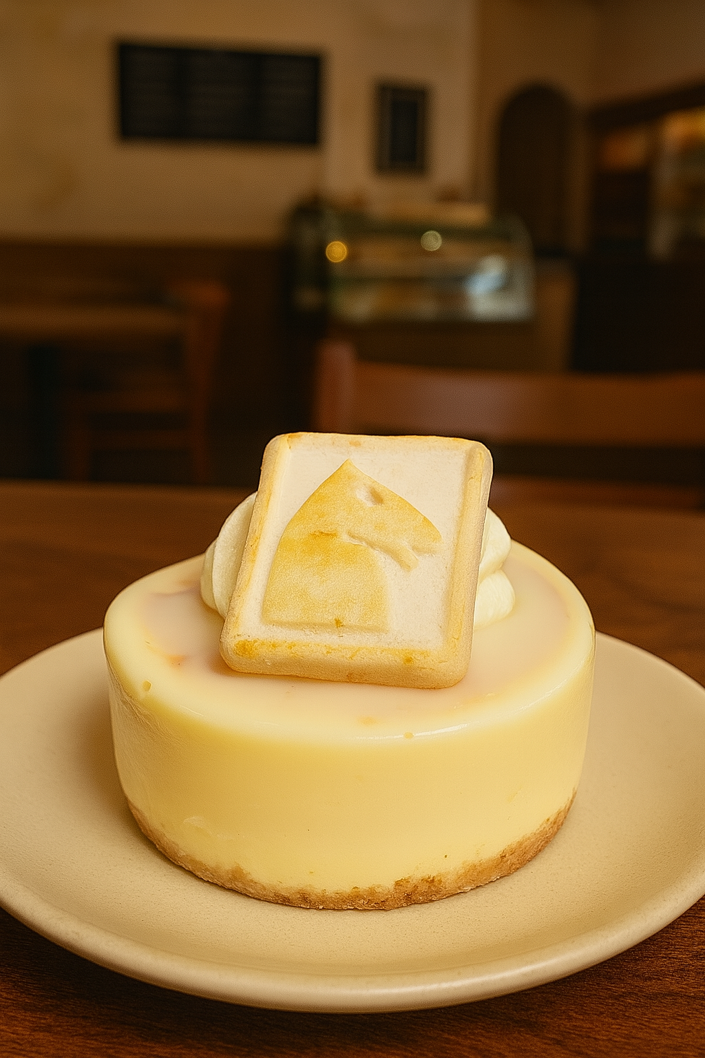Small cheesecake with a horse-shaped cookie on top in a blurred indoor setting