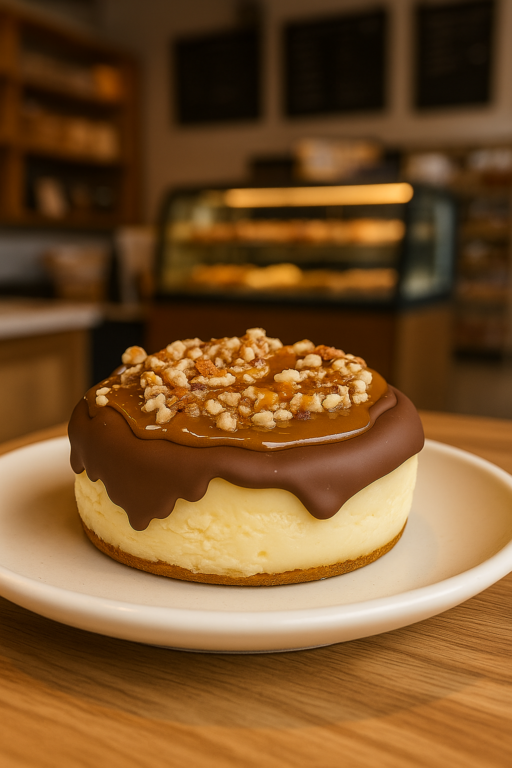 Cheesecake with chocolate ganache and nuts on a plate in a bakery setting