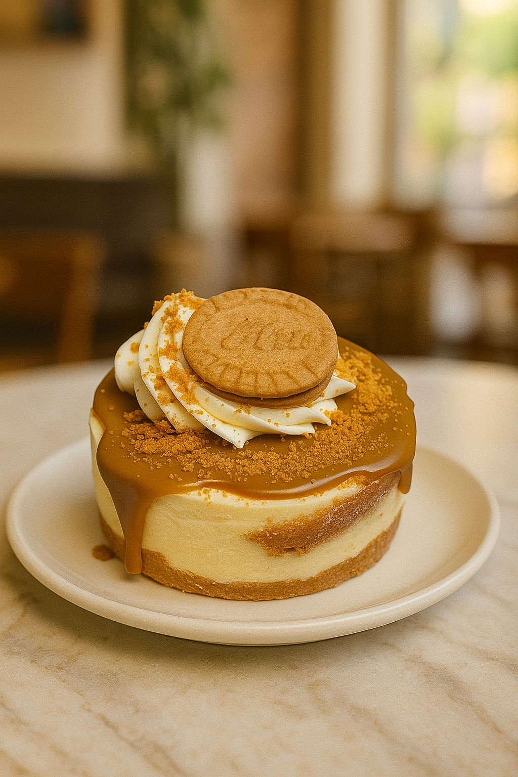 Cookie butter dessert with a cookie on top on a white plate, blurred background
